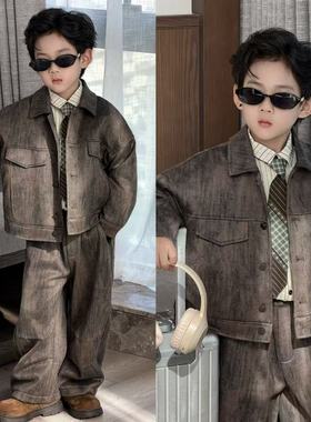 男童休闲套装童装2025冬装新款韩版扎染加厚儿童夹克两件套中大童