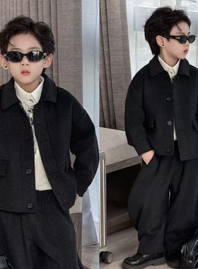 老钱风男童黑色西装套装儿童简约气质高级感秋冬两件套年款童装