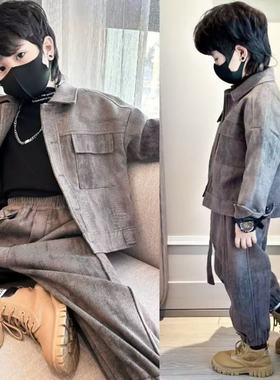 男童休闲套装韩范童装2024冬装新款扎染加厚儿童夹克两件套中大童