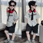 夏装 2026童装 帅气拼接领带衬衣百搭洋气儿童上衣 衬衫 男童竖条短袖