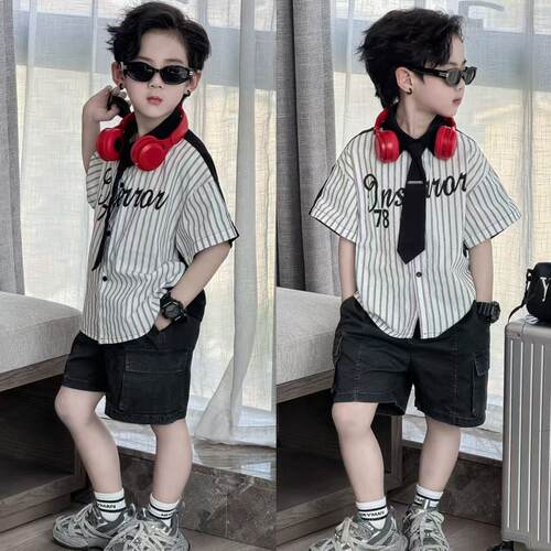 男童夏季竖条短袖衬衫领带拼接