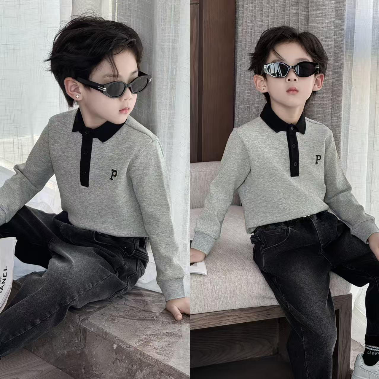 男童加绒撞色长袖POLO衫洋气