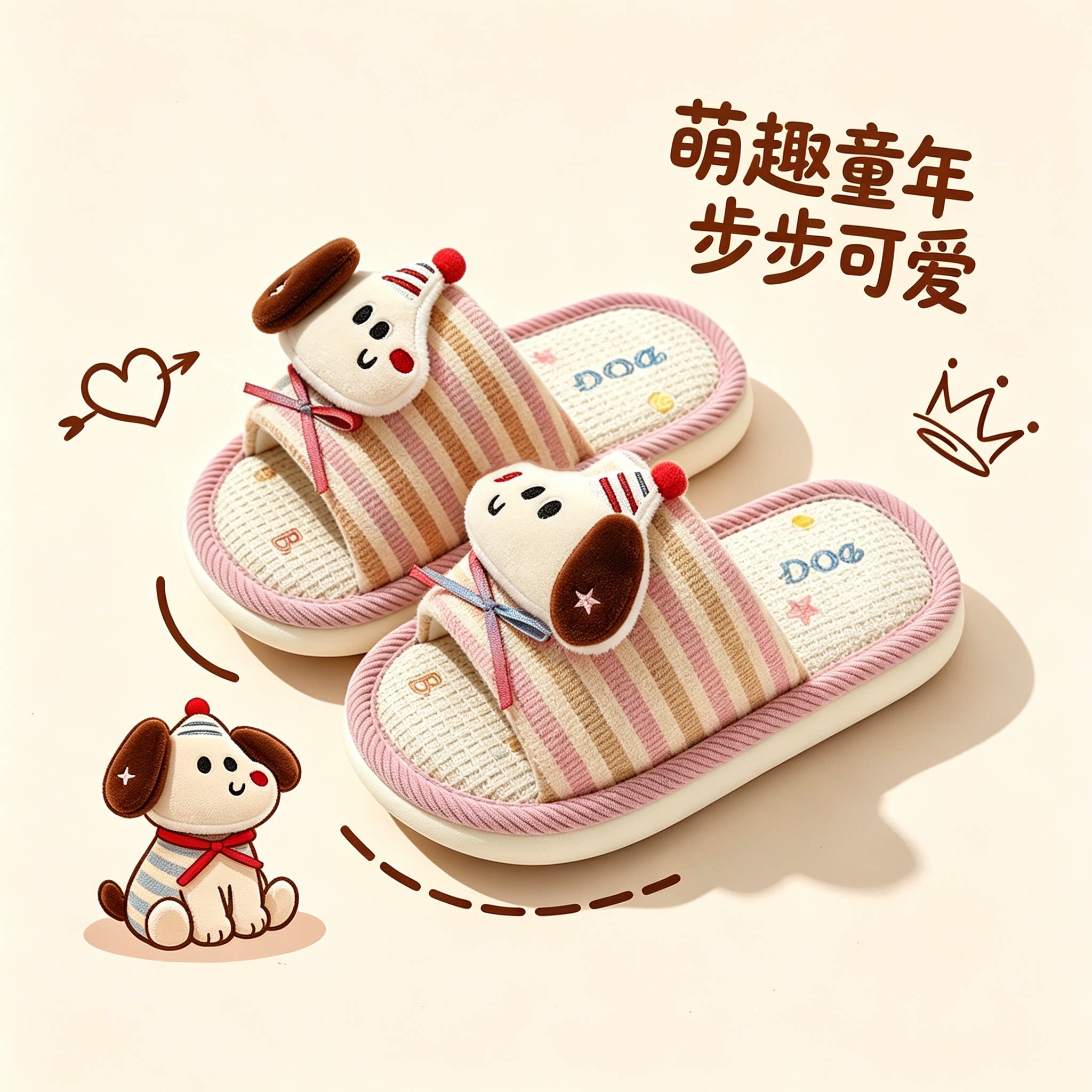 卡通狗狗亚麻拖鞋女童2026新款居家防滑四季静音吸汗亲子凉拖女孩