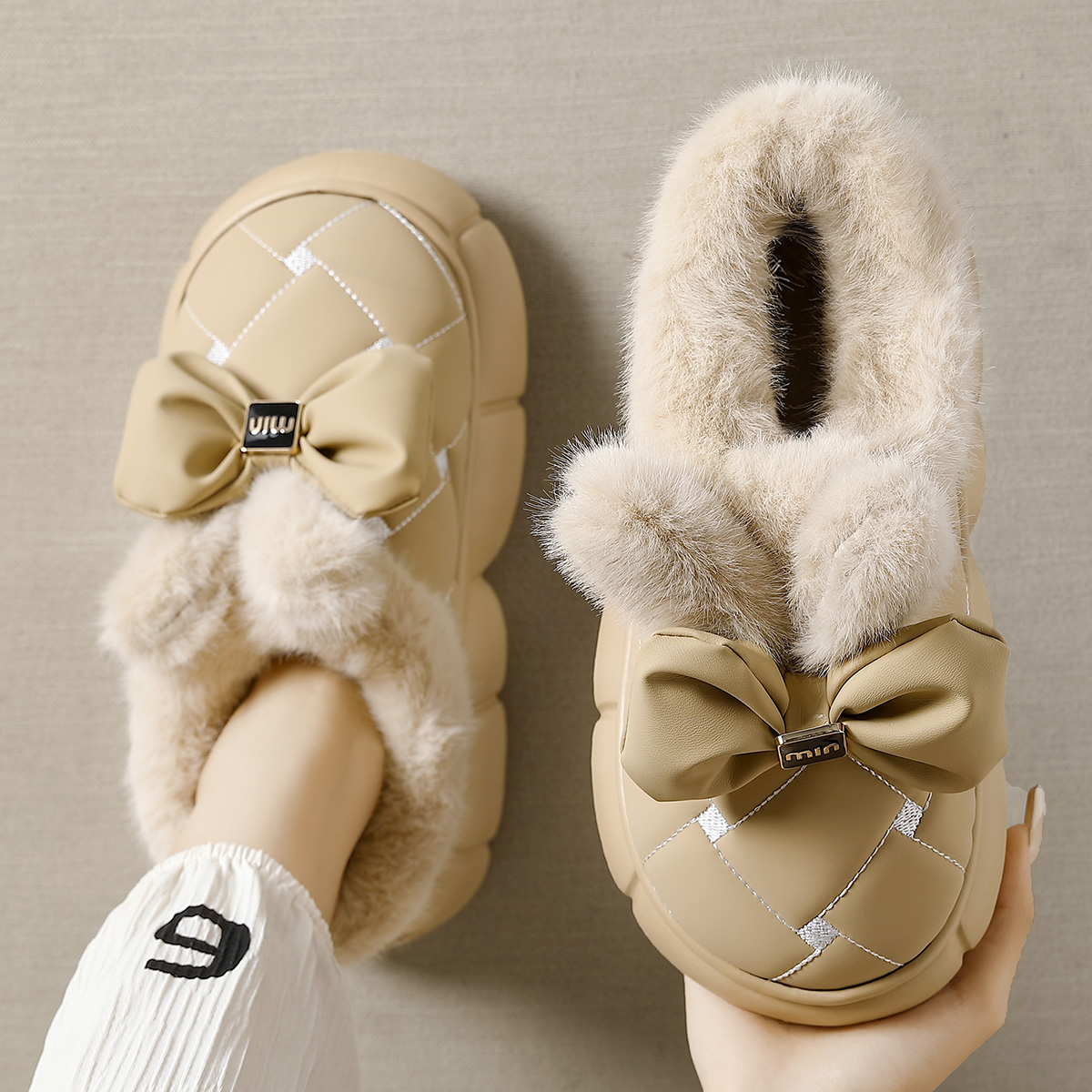 底棉拖鞋女高包跟加绒保暖增高