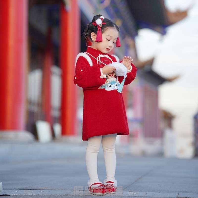 花朵中国复古夹棉服加厚宝宝拜年女童唐装汉服风冬季儿童送包旗袍