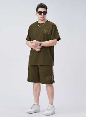 能穿340斤夏季大码运动套装胖子冰丝速干透气宽松短袖T恤短裤套装