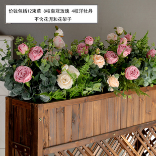飾戶外花箱售樓部外擺隔斷花架子假花 仿真玫瑰花假花柵欄插花裝