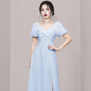 RM5419#夏季女装气质甜美通勤收腰显瘦短袖天蓝色中长款连衣裙