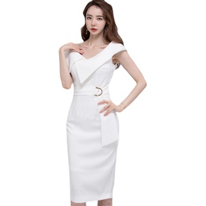 PS41617# 夏新款韩版时尚气质优雅显瘦性感翻领腰带纯白色连衣裙