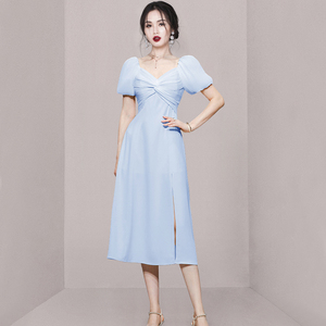 RM5419#夏季女装气质甜美通勤收腰显瘦短袖天蓝色中长款连衣裙