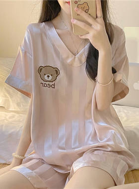 新款冰丝睡衣女夏天短袖ins甜美真丝可爱小熊可外穿V领家居服套装