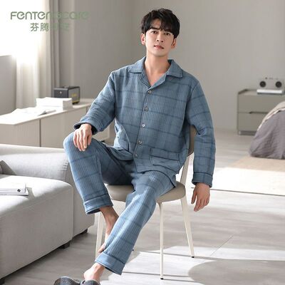 100%纯棉男士睡衣秋冬款夹层加厚保暖家居服可外穿空气棉