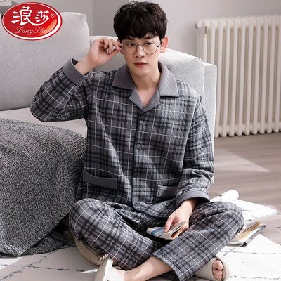 夹棉100%纯棉睡衣男士秋冬季三层薄棉中年人爸爸格子家居服春秋款