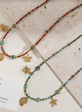 英国cherry kitty年新款海星吊坠锁骨链颈链欧美原创绿色松石