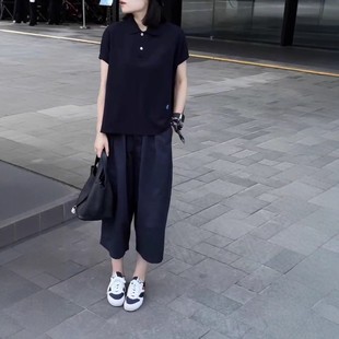 上衣休闲阔腿裤 英国cherry polo领宽松短袖 kitty夏季 女潮 新款