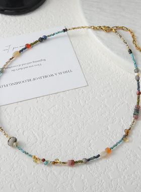 英国cherry kitty原创复古手作青蓝色石头锁骨链小众精致民族