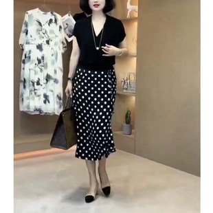 t恤高腰半身波点裙女装 英国cherry 黑色v领短袖 kitty夏季 新款