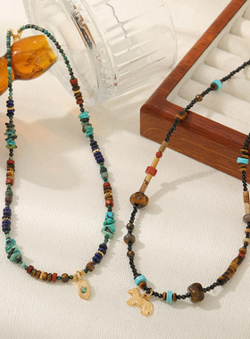 英国cherry kitty原创复古多种石虎眼石串珠项链套装马踏飞燕吊