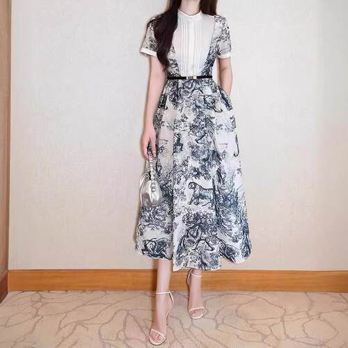 日本chrry koop早春欧货印花夏季新款拼接水墨印花衬衫大摆连衣裙