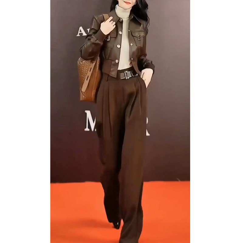 日本chrry koop秋冬新款时尚帅气皮衣外套高腰阔腿裤子女装