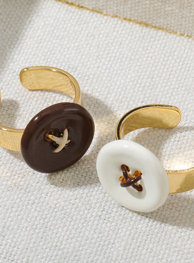 英国Cherry Kitty新款小众复古纽扣开口戒指珐琅咖色个性简约ins