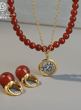 英国cherry kitty新中式三件套首饰红玛瑙串珠项链黄铜保色颈链