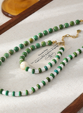 英国cherry kitty石头绿色串珠项链女配饰夏天清新贝壳ab款锁骨
