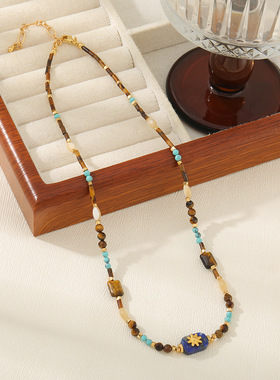 英国cherry kitty新中式八芒星镶嵌蓝纹吊坠秋冬新款复古虎眼石