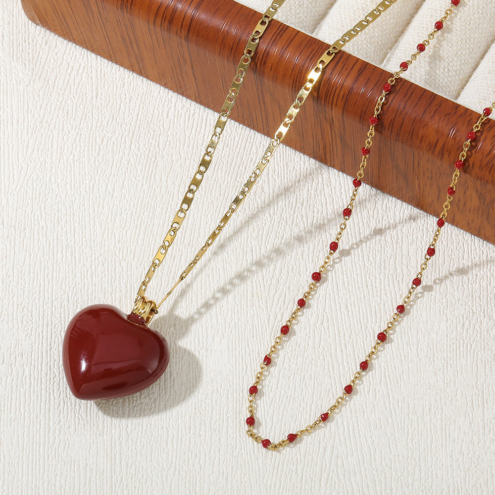 英国Cherry Kitty复古红色爱心长款项链高级钛钢锁骨链叠戴轻奢