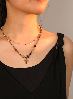 英国Cherry Kitty日出蘑菇轻奢原创蛋黄石串珠项链复古棕色锁骨