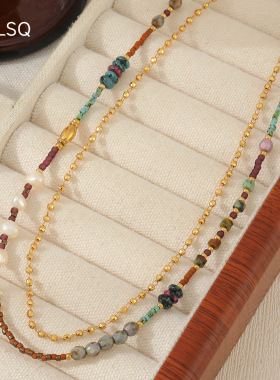 英国cherry kitty复古彩色石进口米珠捷克珠串珠项链淡水珍珠不