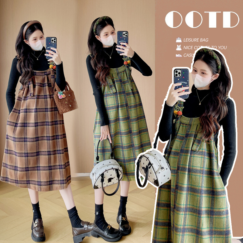 法国chrry koop孕妇套装秋装新款韩版时尚格子背带裙中长款宽松