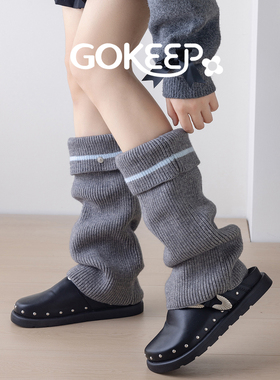 韩版金属扣设计感翻边羊毛袜套秋冬保暖纯色学院风针织堆堆腿套女