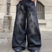 宽松日系休闲百搭男女直筒设计感长裤 Med老叔 水洗黑色阔腿牛仔裤