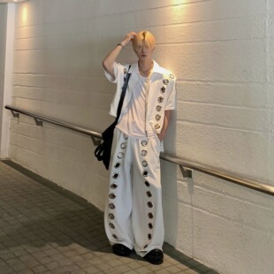 Med老叔 小众重磅金属圆环镂空短款卫衣套装设计感翻领宽松两件套