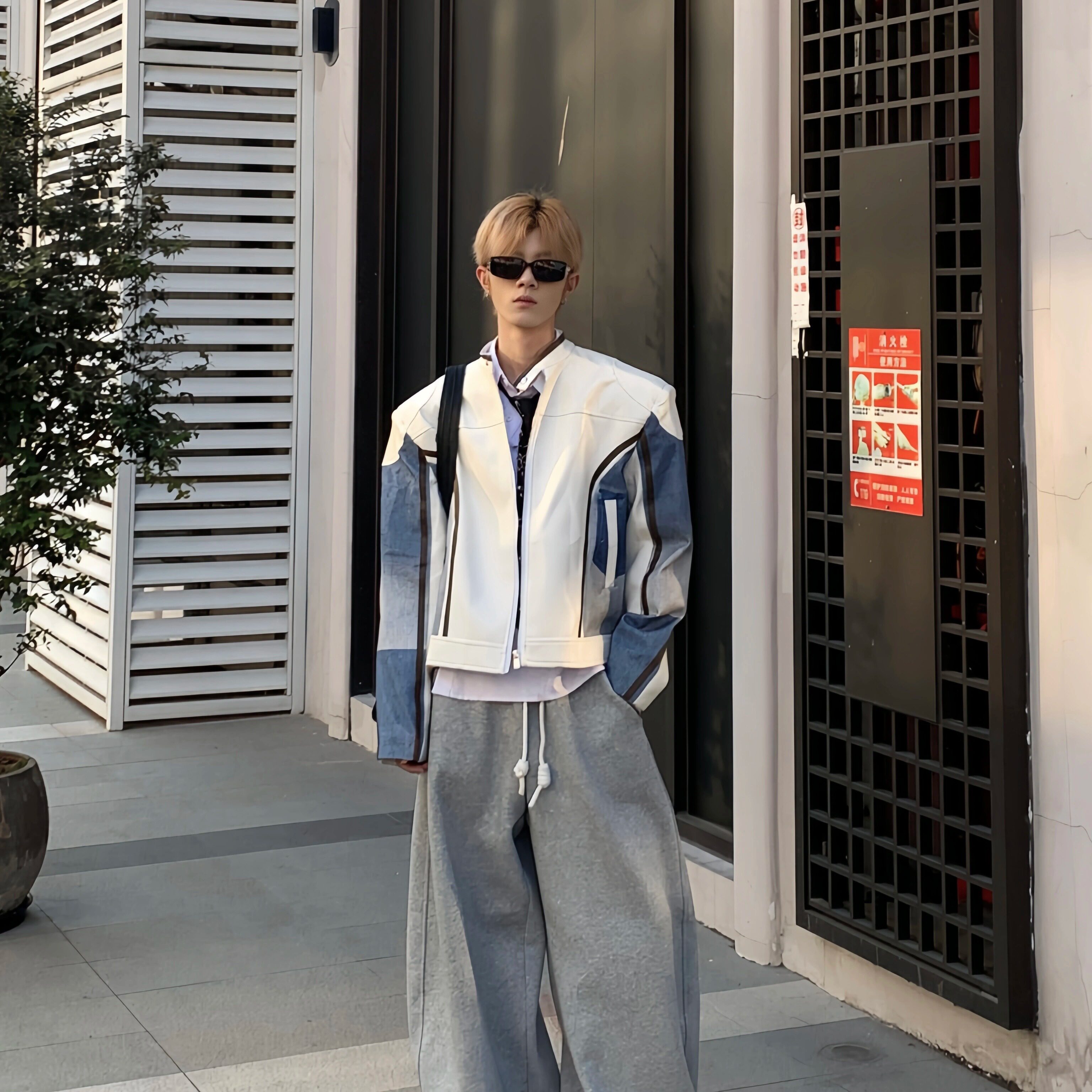 Med老叔 美式复古撞色短款pu皮机车服外套高街百搭潮流夹克上衣男