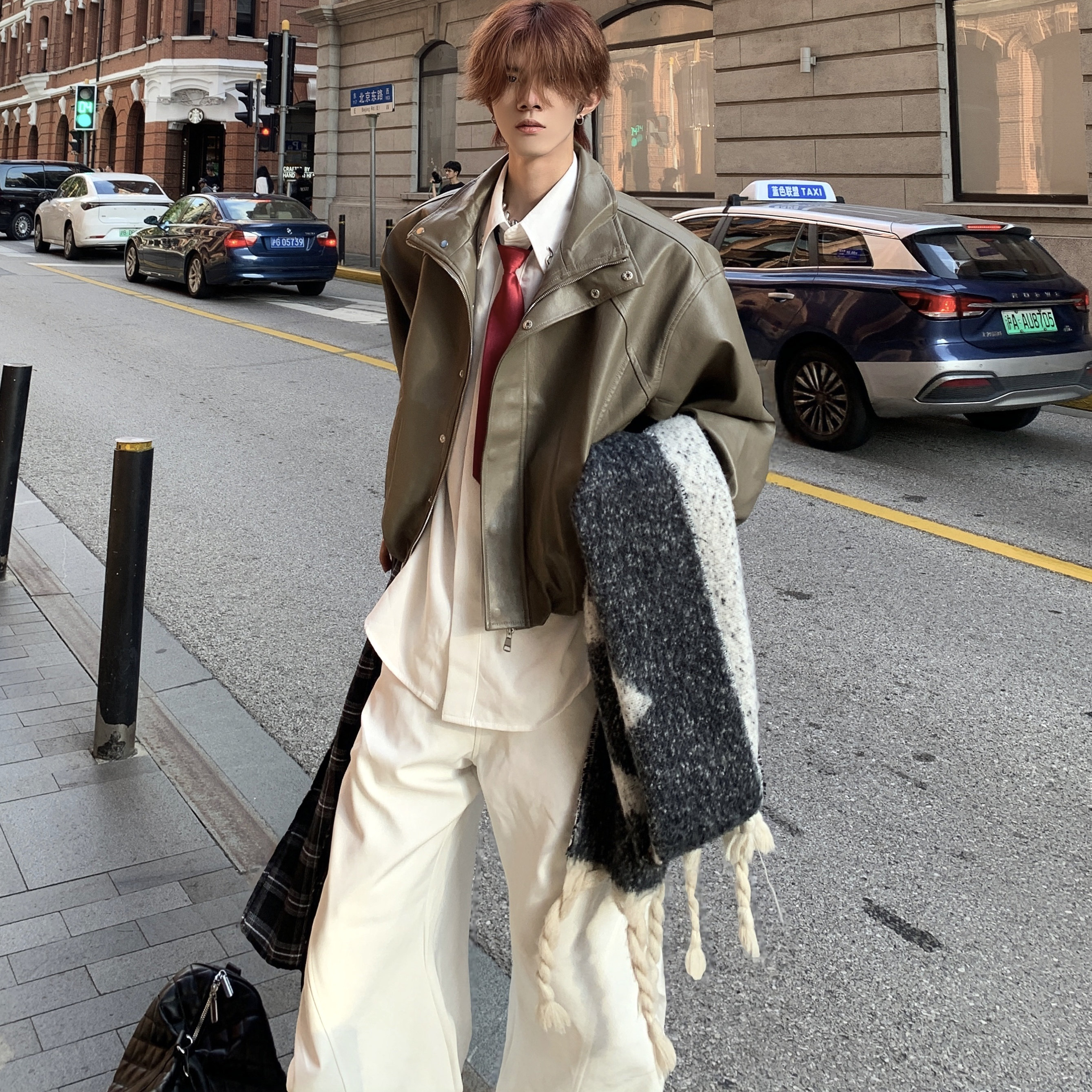 立领机车夹克皮衣宽松休闲外套