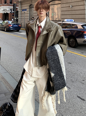 Med老叔 小众高级设计感立领机车夹克皮衣潮流痞帅宽松休闲外套潮