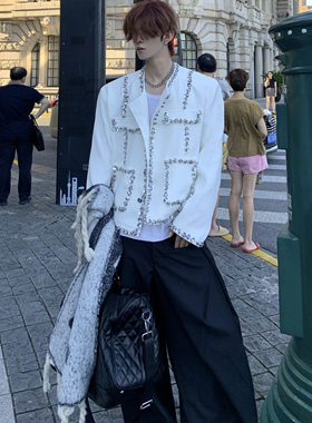 Med老叔 轻奢高级小香风短款垫肩夹克男精致钻花片设计感潮流外套