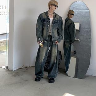 弯刀拖地裤 潮牌牛仔连帽套装 男百搭夹克宽松潮流上衣 美式 Med老叔