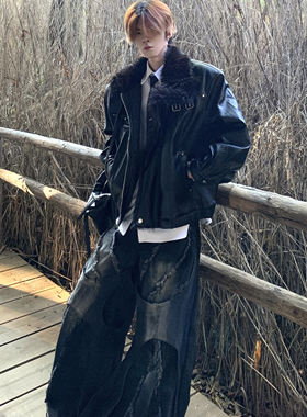 Med老叔 高街保暖机车大毛领拼接夹棉皮衣休闲百搭痞帅夹克棉服潮