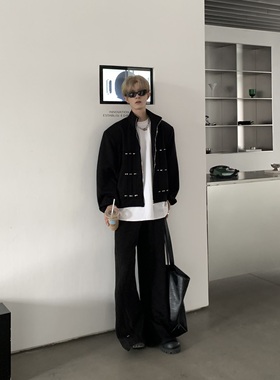 Med老叔 原创高级设计感黑色休闲运动套装男短款卫衣垫肩夹克外套