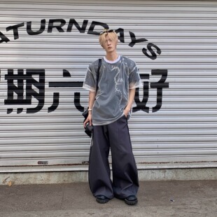 Med老叔小众解构网纱双层拼接短袖T恤不规则设计感卫衣宽松潮流男