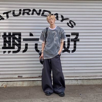 网纱双层拼接短袖T恤潮流男