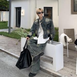 Med老叔 小众解构复古拼接毛边设计夹克男宽松休闲做旧牛仔外套潮