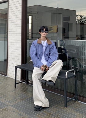 Med老叔 美式潮流宽松休闲蓝色格纹自带垫肩夹克拼色男女复古外套