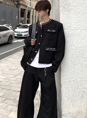 Med老叔 原创小香风夹克男秋轻奢珍珠重工设计四口袋高级立领外套