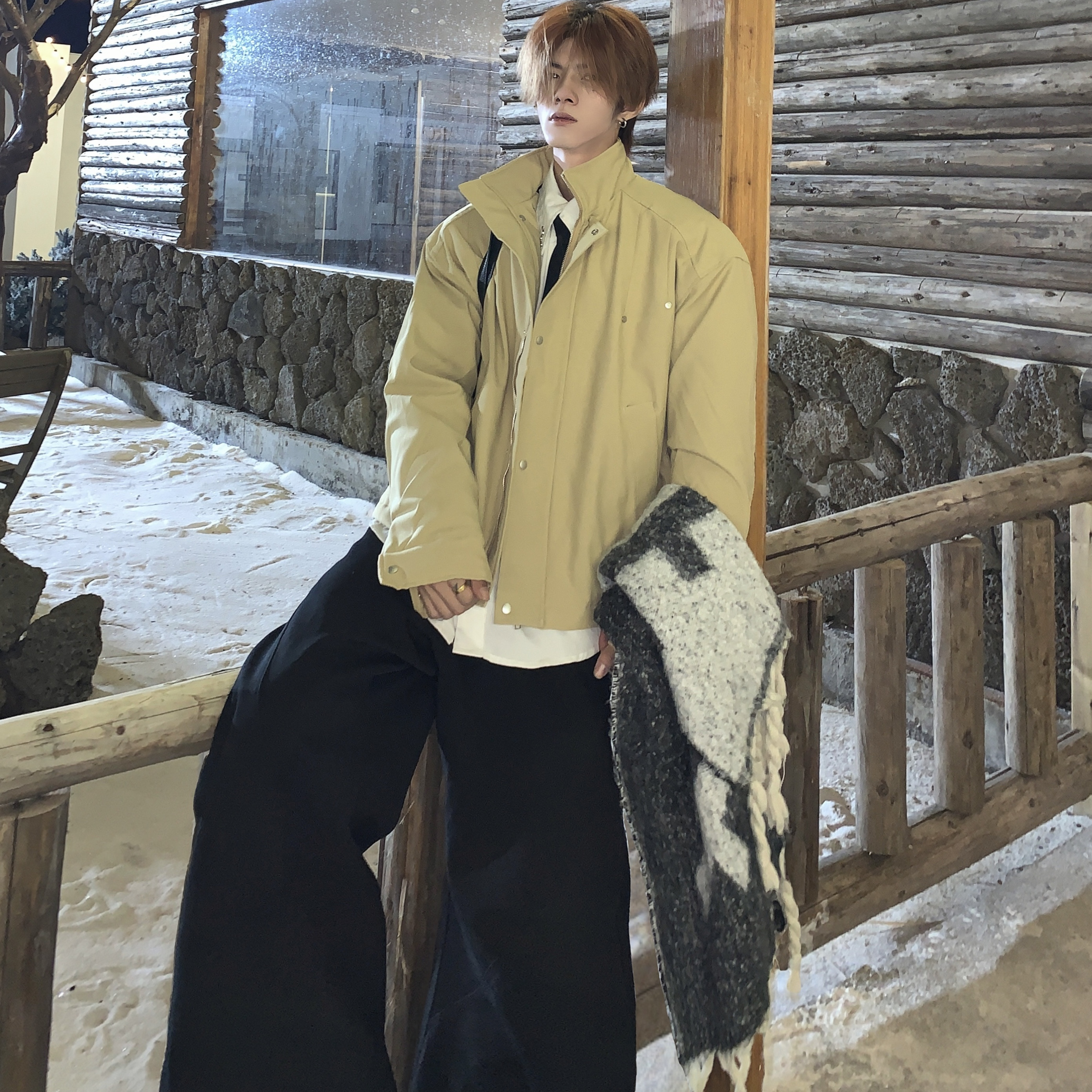 立领压褶棉服外套保暖短款上衣