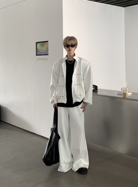 Med老叔 原创早秋高级设计感白色休闲运动套装男短款卫衣垫肩外套