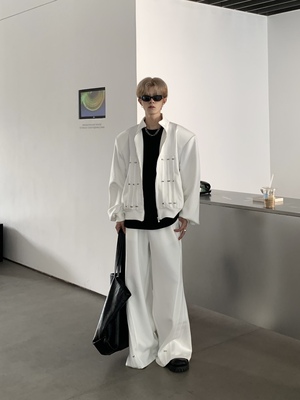 白色休闲运动套装男卫衣垫肩外套